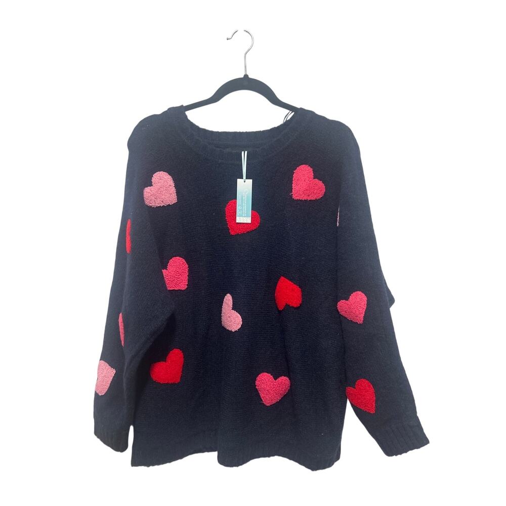 Cynthia Rowley Navy Heart Whimsical Soft Recycled Nylon Blend Sweater 1X NWT